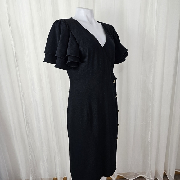 Vintage Neiman Marcus black faux wrap dress rhinestone button ruffle sleeves 10 - Picture 6 of 11